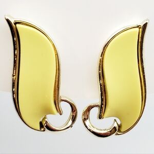 Vintage CORO Banana Yellow & Gold Statement Earrings Leafy Curvature Design